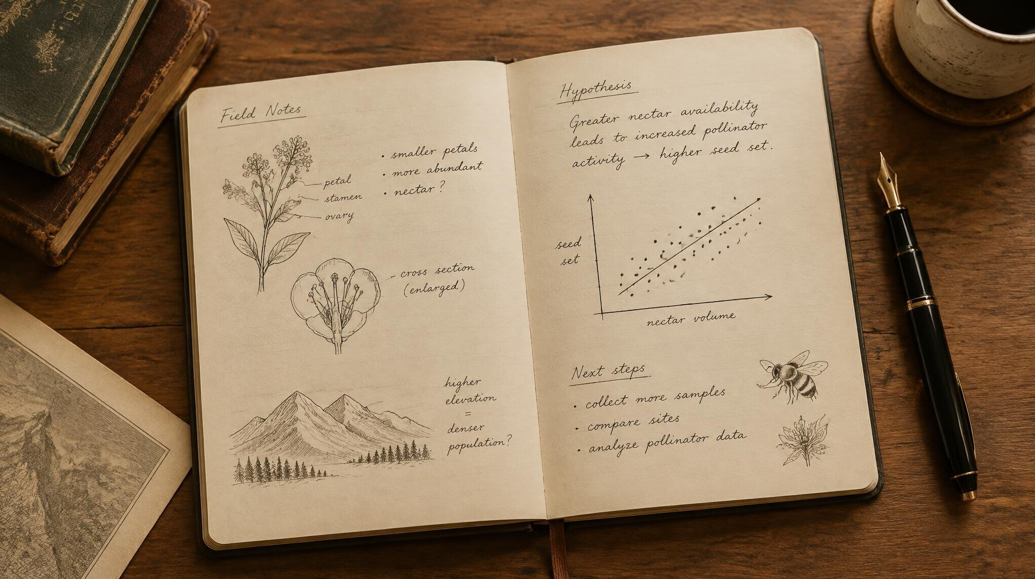 Open research notebook with handwritten notes on a wooden desk
