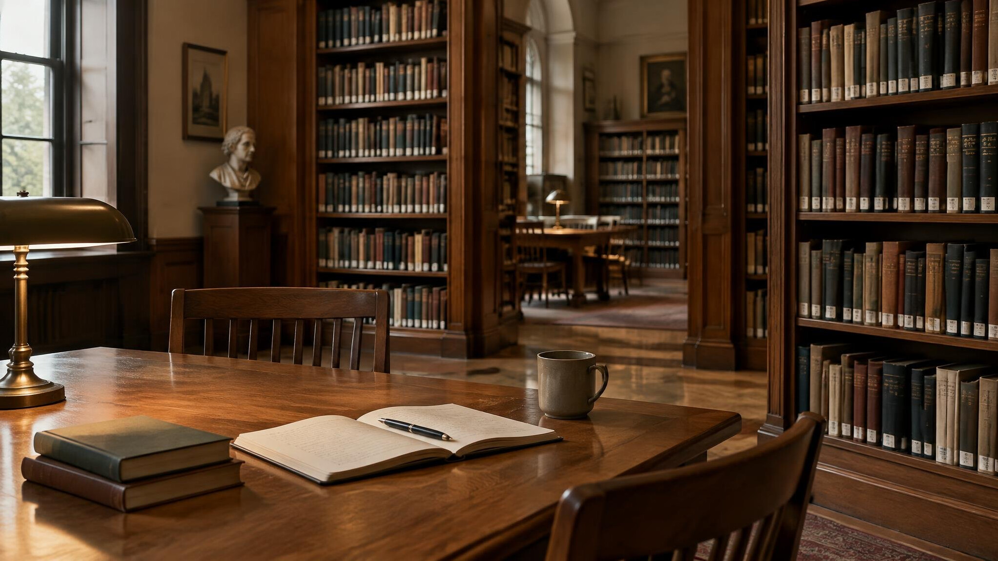 Interior of a quiet academic library with tall shelves
