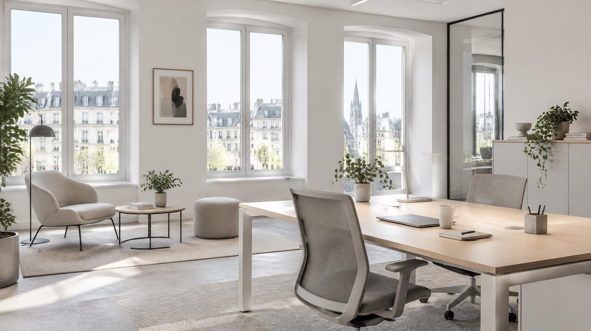Bright minimalist office interior with large windows